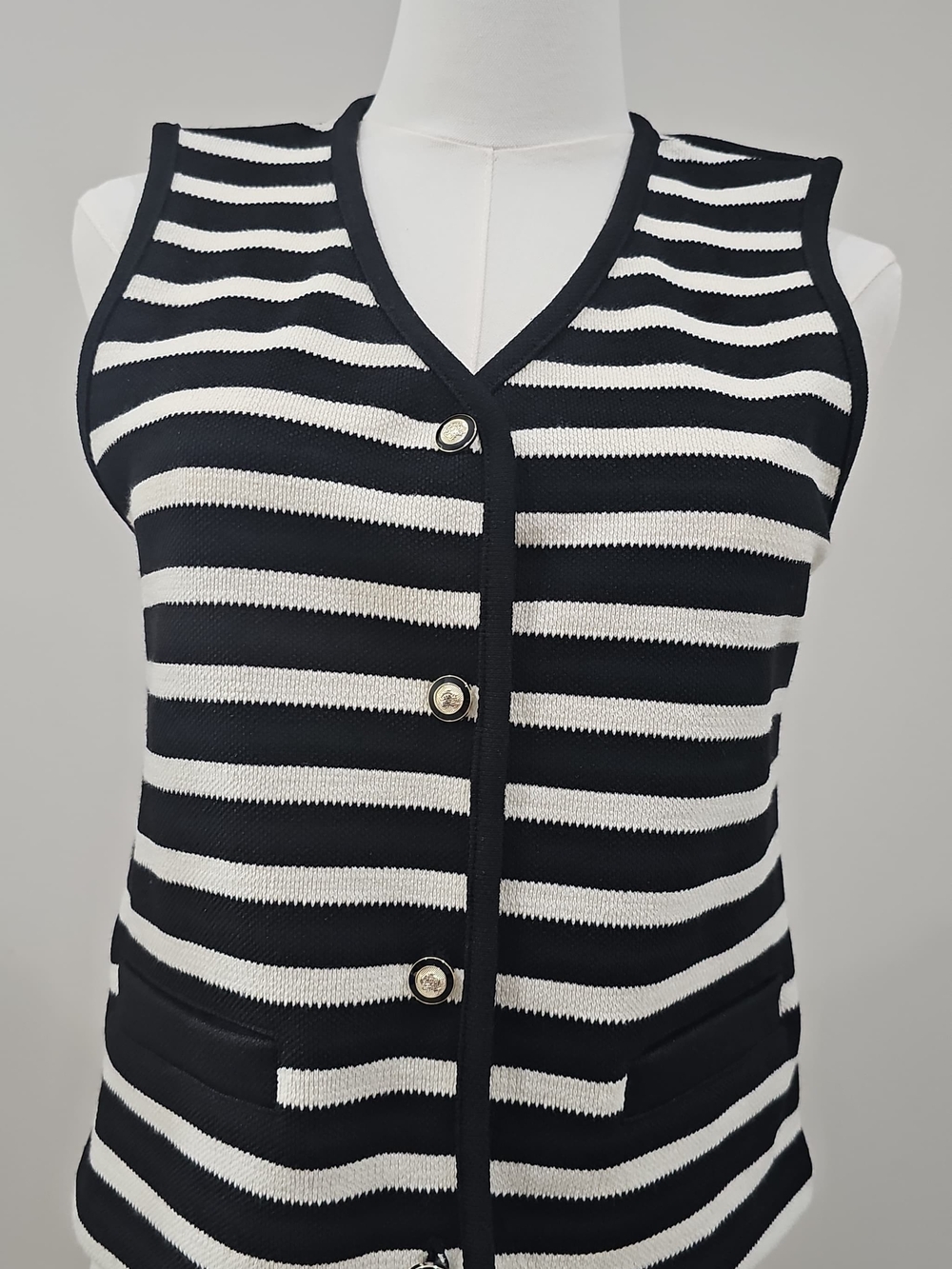 BAiley 44 Striped Sweater Vest Sleeveless Button Front Knit Black White S NWOT